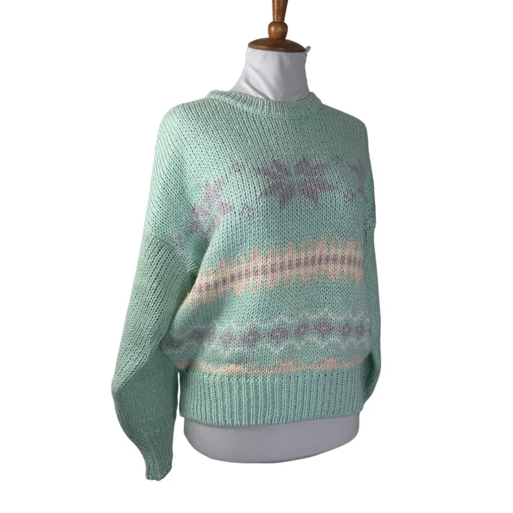 Vintage 80s Mint Green Pastel Knit Sweater Soft Cozy Retro M/L